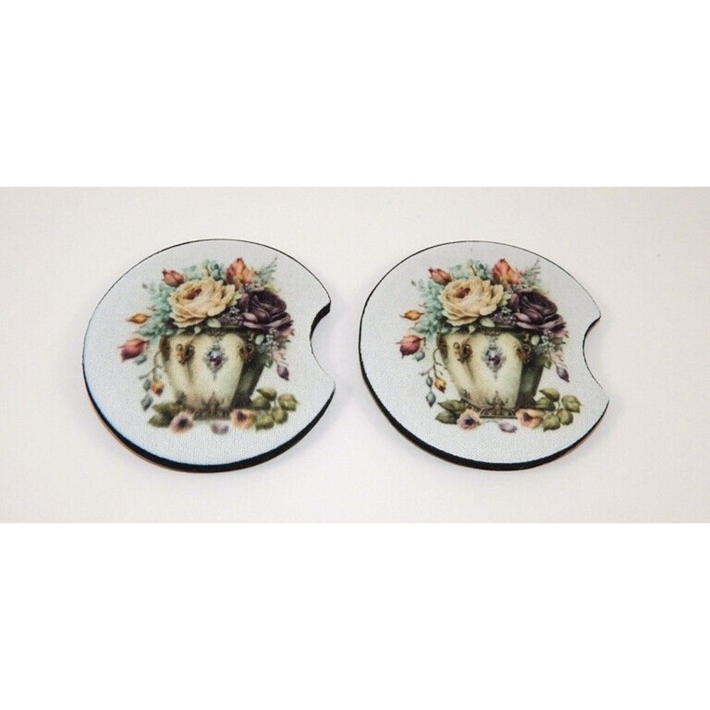 Set Of 2 Flowers In Vintage Vase Absorbent Neoprene Car Coasters 2.75" Coaster
